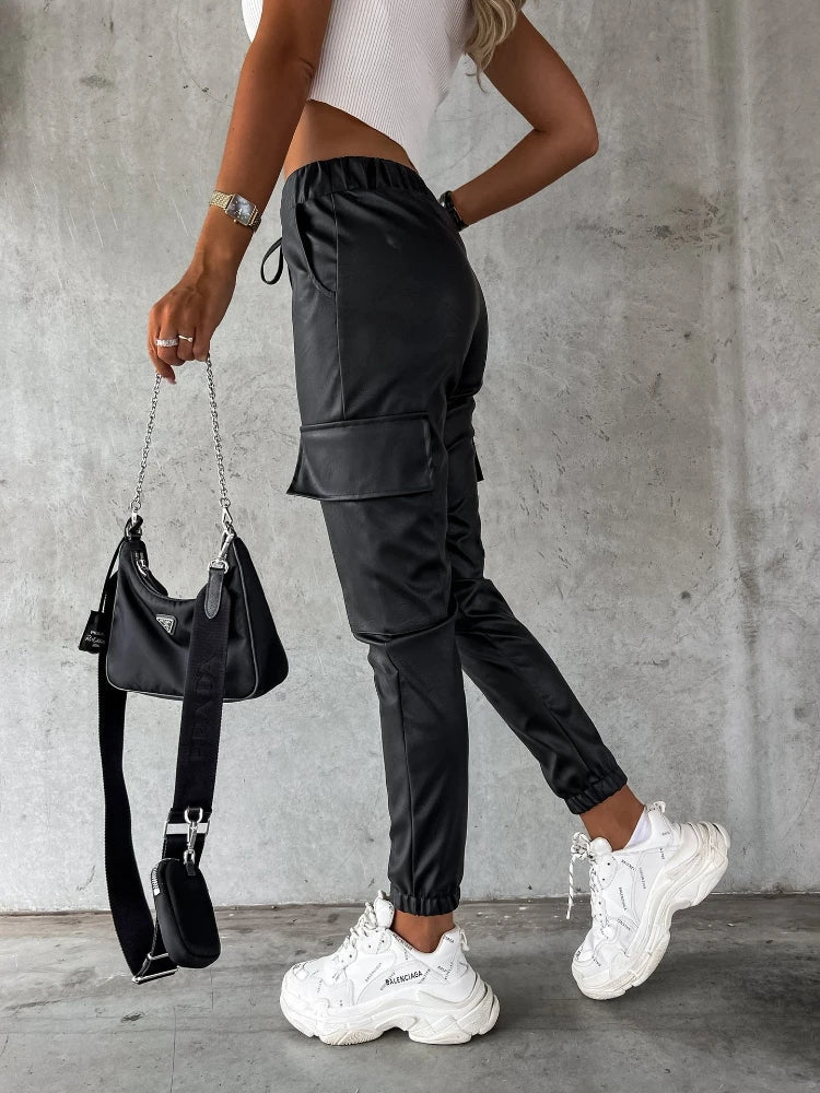 calça jogging calça jogger calça imita couro calça de couro calça calça couro pu calça couro sintetico Calça Jogger DE COURO