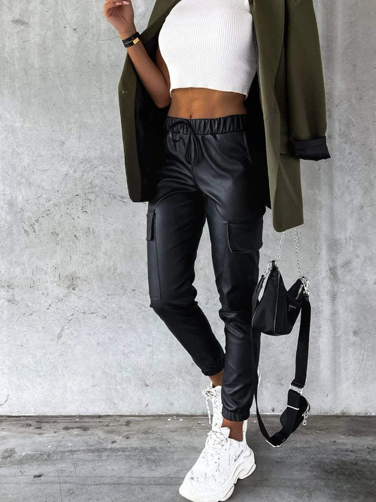 calça jogging calça jogger calça imita couro calça de couro calça calça couro pu calça couro sintetico Calça Jogger DE COURO