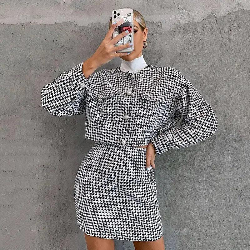 inverno Conjuntos Conjunto de roupa feminina Conjunto de Blazer e Saia Conjunto de Blazer de Tecido Trançado