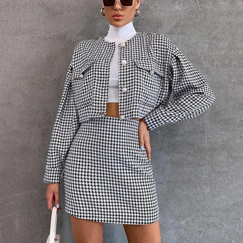 inverno  Conjuntos  Conjunto de roupa feminina  Conjunto de Blazer e Saia  Conjunto de Blazer de Tecido Trançado