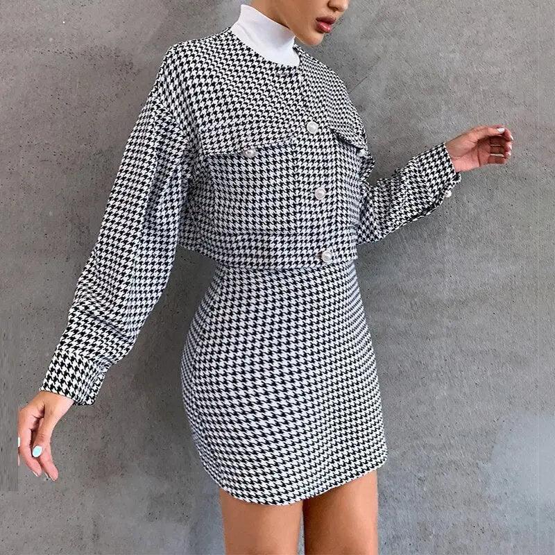 inverno  Conjuntos  Conjunto de roupa feminina  Conjunto de Blazer e Saia  Conjunto de Blazer de Tecido Trançado